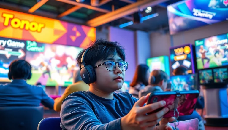 Engaged player enjoying Yono All Games across multiple devices in a vibrant gaming environment.