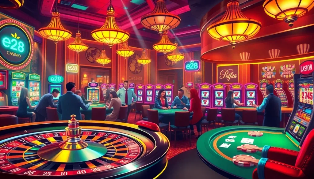 Experience high-stakes excitement at the e28 casino with dynamic gaming tables and vibrant slot machines.