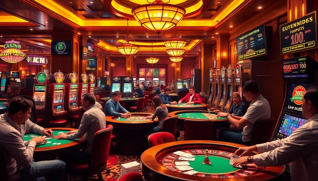 Players enjoying their experience at a casino, showcasing the excitement of gambling at https://tk88t.org/ with poker chips and vibrant tables.