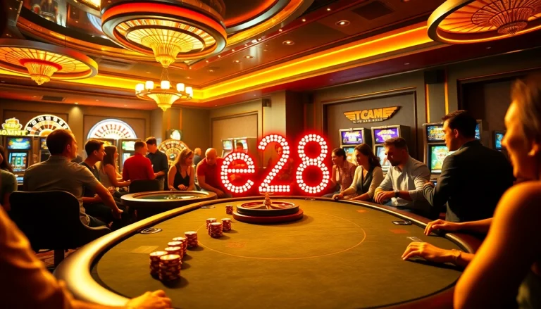 Experience the thrill of e28 casino action with a vibrant poker table scene, full of excitement and betting strategies.