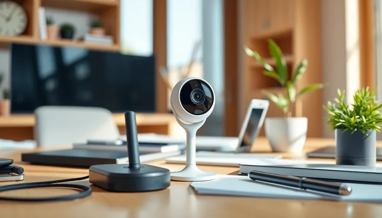 Capture high-quality video with a mini cam set in a stylish home office.