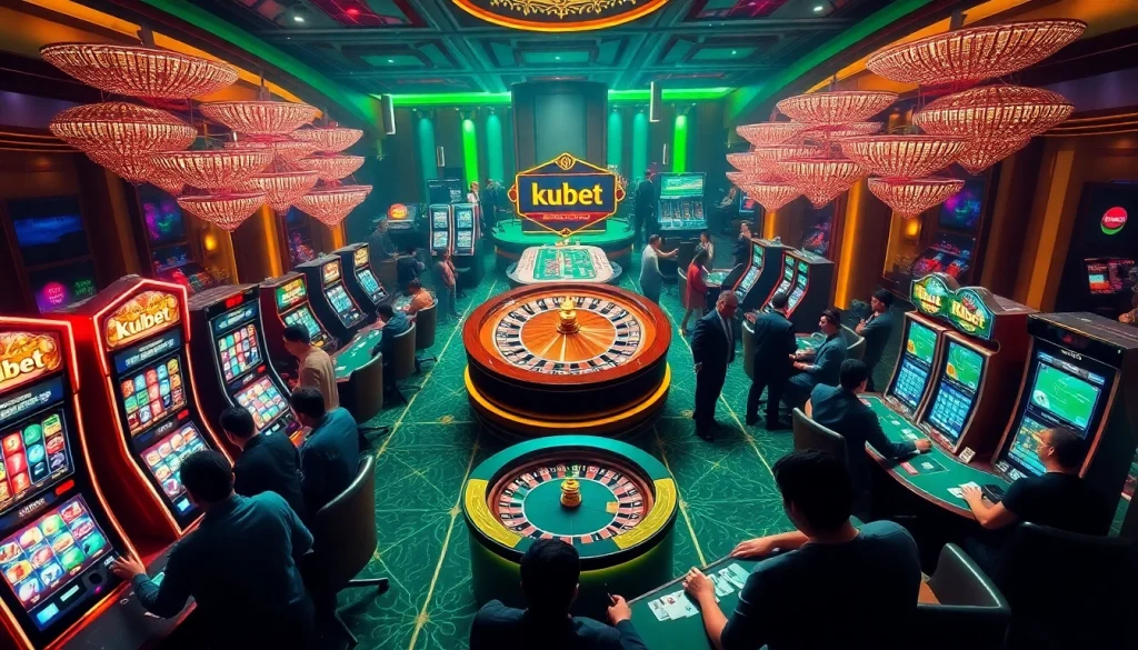 Exciting kubet casino gaming scene with players at roulette and slot machines.