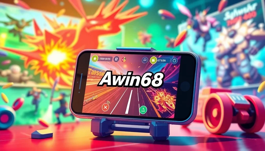 Play Awin68 APK with a stunning mobile gaming interface shown in a dynamic scene.
