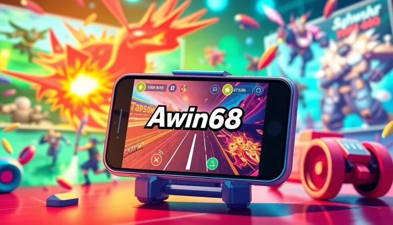 Play Awin68 APK with a stunning mobile gaming interface shown in a dynamic scene.