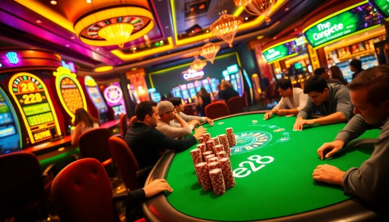 Capture exhilarating gameplay at the e28 poker table, with stacked chips and focused players at a high-stakes casino.