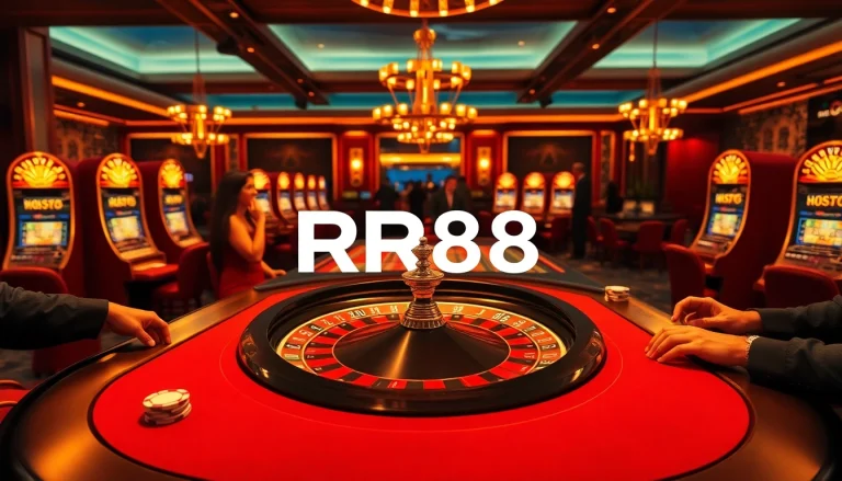RR88 casino scene with players at a luxurious roulette table, showcasing vibrant poker chips and slot machines.