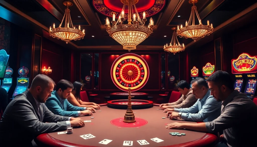 Players at NgonClub’s poker table focus intensely, surrounded by vibrant casino elements.
