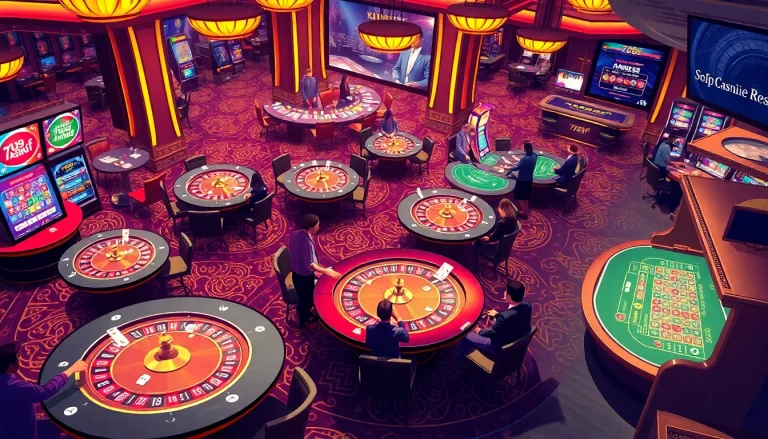 Experience the thrill of 789f gaming with players at casino tables and vibrant slot machines.