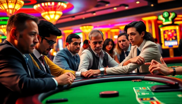 Engaged players in a lively casino setting at https://ok88b.com, highlighting excitement and competition.