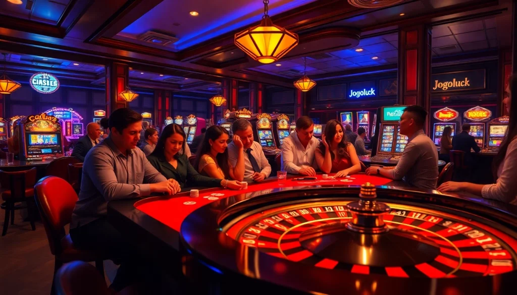 Engage with Jogoluck's thrilling casino experience featuring roulette tables and slot machines.