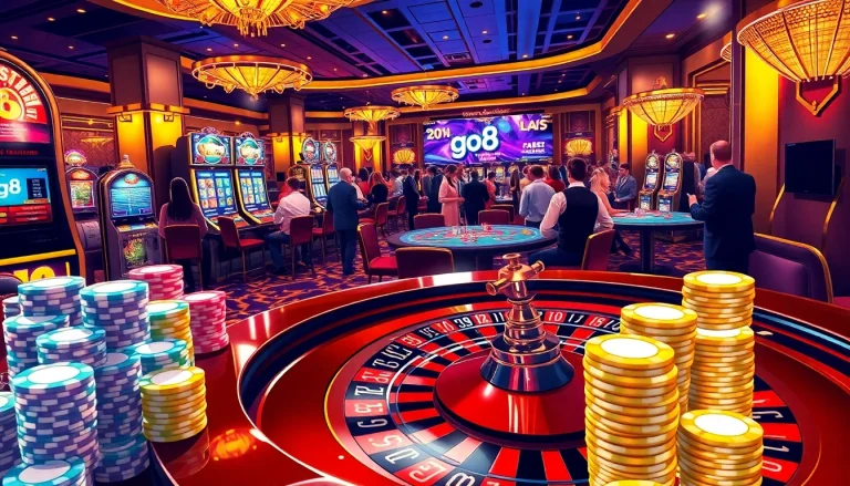 A dynamic scene at the casino where players are engaged in the excitement of betting at tables, as "go8" promotions light up the screens.