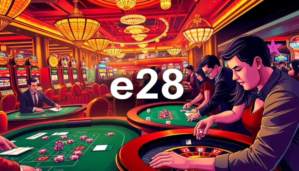 A vibrant scene of players enjoying gambling with e28-themed casino tables filled with poker chips and dice, showcasing excitement.