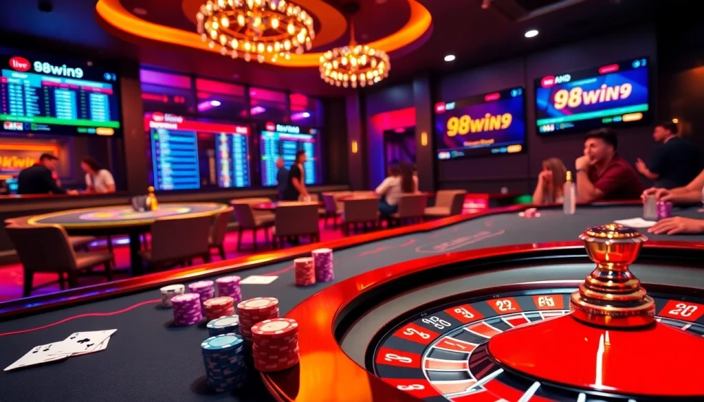 Experience the thrill of 98win9 as players engage in high-stakes poker at a luxurious table surrounded by dazzling roulette wheels.