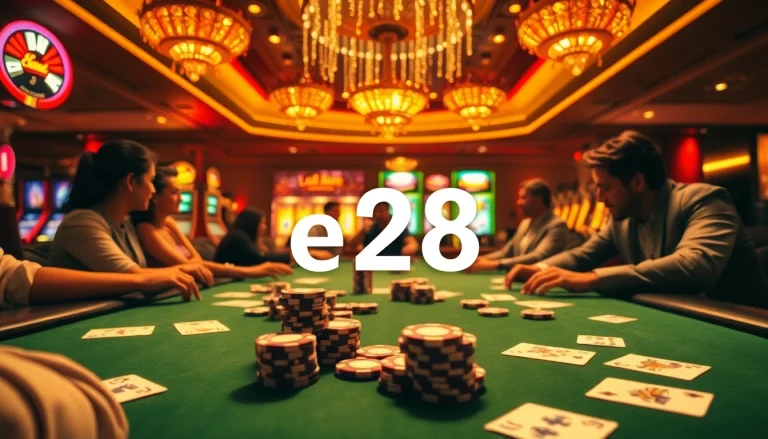 Experience the exclusive e28 VIP gambling atmosphere at a luxury casino featuring a lively poker table.