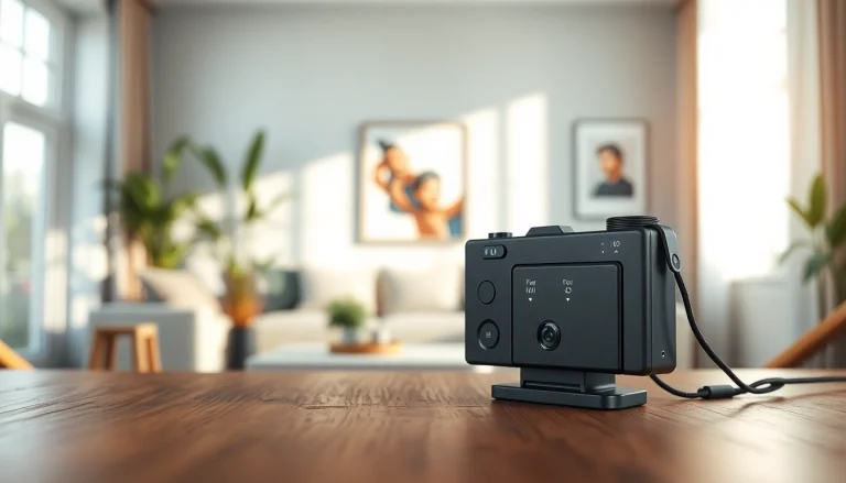 Capture the versatility of a mini caméra on a stylish table amidst a cozy home setting.