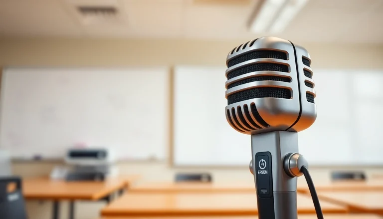 Enhance your presentations with the microphone epsion, designed for optimal sound clarity in classrooms.