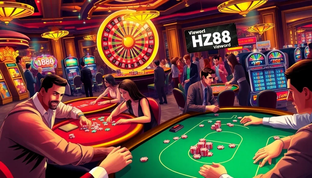 Experience the thrill of HZ88 at a lively casino with poker tables, roulette, and vibrant slot machines.