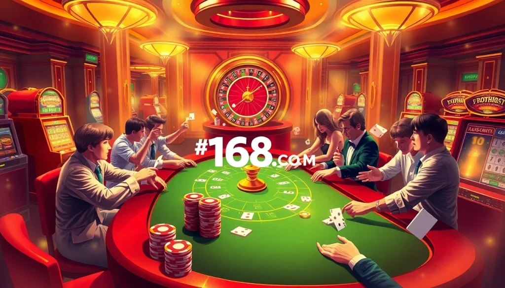 Experience high-stakes excitement at https://f168vn.co.com/ with players at a poker table, betting passionately in a vibrant casino.