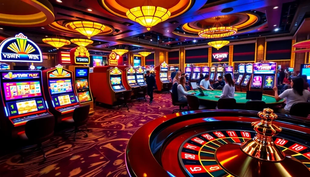 Experience exhilarating wins at VSWIN with a lively casino atmosphere featuring players and gaming tables.