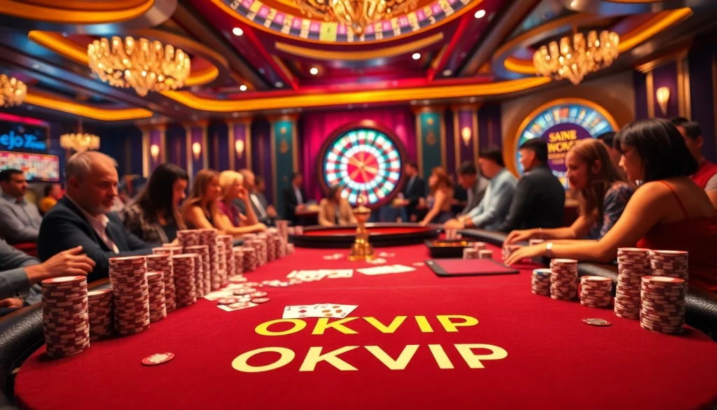Experience the thrill of gaming at OKVIP Casino with vibrant poker tables and enthusiastic players.