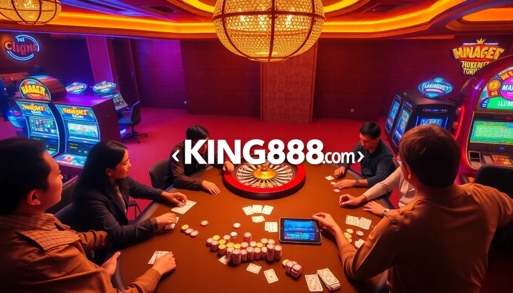 Exciting casino scene showcasing players at a poker table and KING88 com logo in action.
