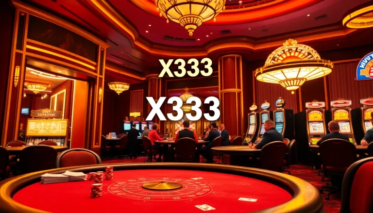 X333 shines as players engage in high-stakes poker, surrounded by vibrant casino lights.