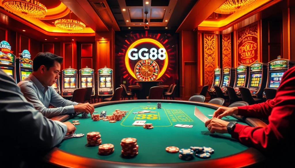 Experience the thrill of GG88 at a luxurious casino poker table, featuring colorful chips and intense gameplay.