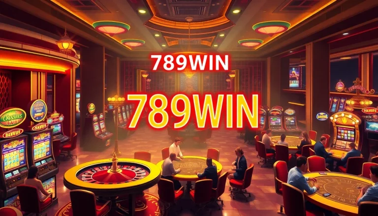 "Experience the thrilling atmosphere of 789WIN, showcasing energetic players at the roulette table amid glowing slot machines in a luxurious casino."
